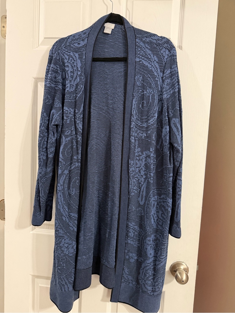 Chico's Blue Open-Front Patterned Longline Cardigan